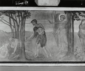 Interior. Nave, detail of mural depicting the Expulsion from the Garden of Eden.