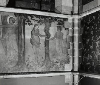 Interior. Nave, detail of mural depicting the Temptation of Adam and Eve.