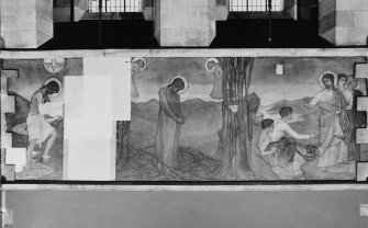 Interior. Nave, view of mural showing scenes from the life of Christ; the Baptism of Christ, the Temptataion in the Wilderness and the Calling of the Apostles.