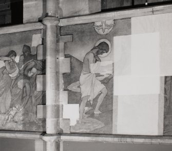 Interior. Nave, detail of mural depicting the baptism of Christ by the John the Baptist.
