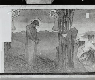 Interior. Nave, detail of mural depicting Christ in the wilderness.