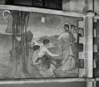 Interior. Nave, detail of mural depicting Christ calling his Apostles.