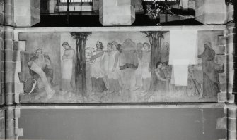 Interior. Nave, view of mural depicting scenes from the life of King David in the Books of Samuel; his anointment by Samuel, the Ark of the Covenant and David's plans of the Temple.