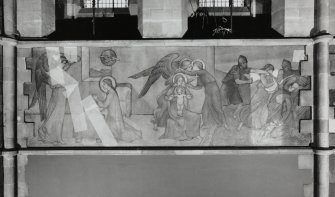 Interior. Nave, view of mural depicting New Testament scenes of the Annunciation, the Infant Christ and the Massacre of the Innocents.