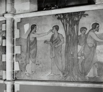 Interior. Nave, detail of mural depicting Christ healing the blind man.