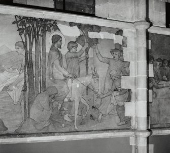 Interior. Nave, detail of mural depicting Christ's entry in Jerusalem on Palm Sunday.