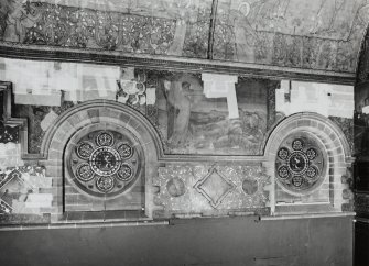Interior. South chapel, view of mural on south wall depicting a scene from the parable of the Ten Virgins.