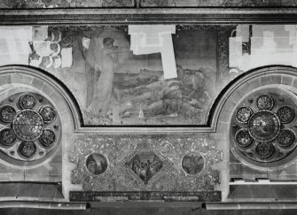Interior. South chapel, view of mural on south wall depicting a scene from the parable of the Ten Virgins.