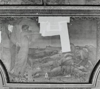 Interior. South chapel, view of mural on south wall depicting a scene from the parable of the Ten Virgins.