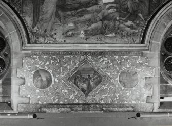 Interior. South chapel, detail of mural on south wall depicting scenes of Christ's death and resurrection.