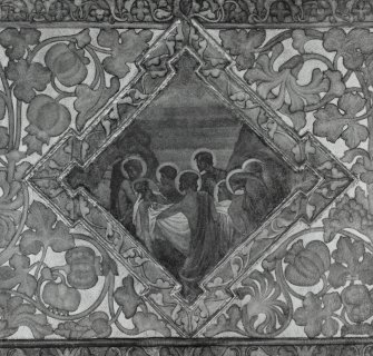 Interior. South chapel, detail of mural on south wall depicting Christ's body being carried into the tomb.