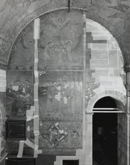 Interior. South chapel, view of murals on west wall depicting the parable of the Ten Virgins.