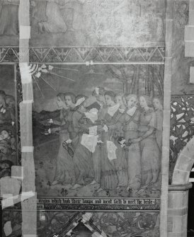Interior. South chapel, detail of mural on west wall depicting a scene from the parable of the Ten Virgins.