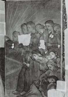 Interior. South chapel, view of mural on south wall depicting a scene from the parable of the Ten Virgins.