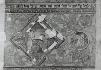 Interior. South chapel, detail of mural on west wall showing lunettes of the Annunciation and possibly the widow of Nain.