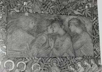 Interior. North chapel, detail of mural on north wall depicting embracing figures.