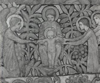 Interior. North chapel, detail of mural on north wall depicting the Christ child standing in his mother's lap.