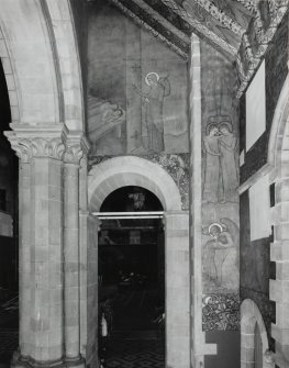 Interior. North chapel, mural on west wall depicting scenes from the parable of the Ten Virgins.