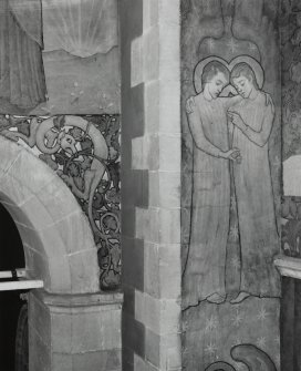Interior. North chapel, detail of mural on west wall depicting scenes derived from the parable of the Ten Virgins.