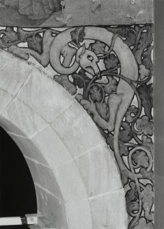 Interior. North chapel, detail of mural on west wall depicting a Celtic beast.