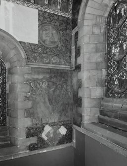 Interior. North chapel, detail of mural on north wall depicting a scene derived from the parable of the Ten Virgins and medallions of religious scenes.