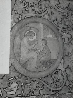 Interior. North chapel, detail of mural on north wall depicting a child being taught to read by an angel.