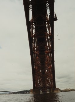 View under the Queensferry erection showing the suspended painters' gantry seen from the South from the rescue boat.