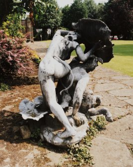 Lead sculpture by Charles Mackie in garden to South of main house, view from West.