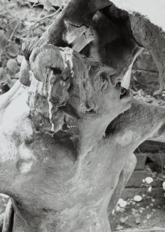 Lead sculpture by Charles Mackie in garden to South of main house, detail of head of Pan.