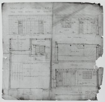 Edinburgh, 12 Ettrick Road, Bemersyde.
Photographic copy of details of garage, plan, front, elevation, back elevation, section AA, Section BB.
Scale: 1/2": 1'. Pencil, crayon on tracing paper.