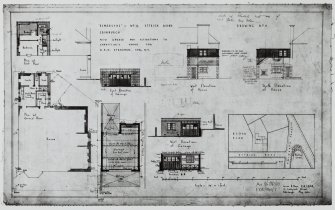 Edinburgh, 12 Ettrick Road, Bemersyde.
Photographic copy of drawing of new garage and alterations to chauffeur's house, block plan, plan at ground floor, plan at first floor, west elevation of house, South elevation of house, Sectin AA, Plan of garage, West elevation of garage, Section AA of garage.
Scale: 1/8" : 1'. Pencil, pen and colour wash on tracing paper