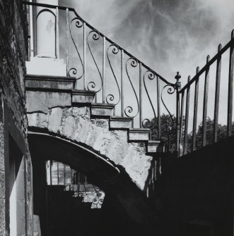 Upward view of the fore stair seen from basement level from the West South West.