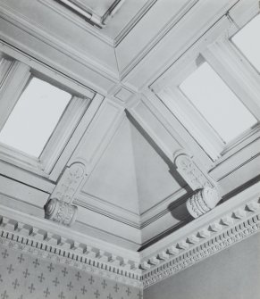 Ground floor, North extension, ceiling cornice & scroll trusses