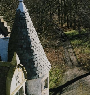 View from roof showing entrance road, window pediment and turret