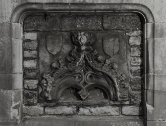 Garden feature, wall, sculptured stone, detail