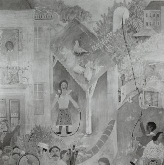 Detail of section of mural painted by John Maxwell, showing doves on roof and girl skipping.