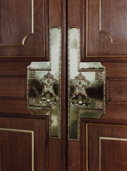 Interior-detail of heraldic door plates on doors to Old Council Chamber on First Floor