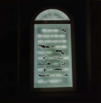 Detail of one of the windows in The Netherbow Centre with Lux Europea installation- "Illuminations-The Great Unknown Meaning" by Martine Neddam