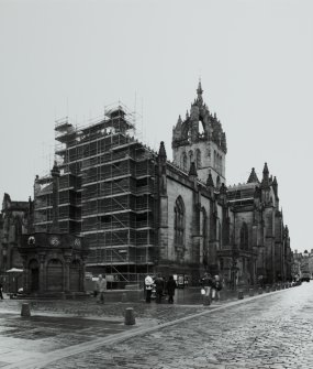 View from ESE showing E end scaffolded and Mercat Cross