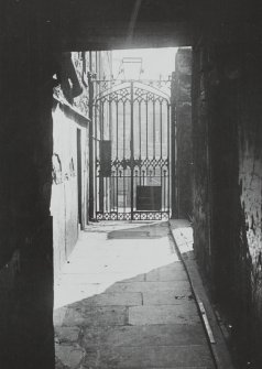 General view of wrought iron gates leading into Tweeddale Court and Tweeddale House