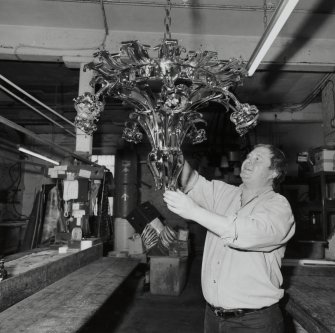 Interior. Lower ground floor. Workshop. Detail of staff and light fitting