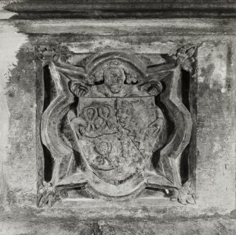 Edinburgh, Kirk Loan, Corstorphine Parish Church, interior.
View of angel holding armorial on the tomb of Sir John Forrester II, 1454.