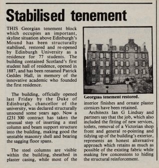 Cutting from "Building Design" entitled  "Stabilised tenement"-concerning conversion of Lister House into Halls of Residence for Edinburgh University and being renamed Patrick Geddes Hall