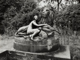 Edinburgh, 33 Murrayfield Road, Kinellan.
View of 'The Lion, the Woman and the Lamb' sculpture in garden.
Engraved title: 'Still when she slept he kept both watch and ward'.
Engraved by artist 'John Thomas'.