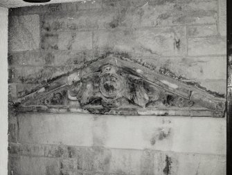 Detail of carved lintel within No 50 North Bridge, Royal Mile Mansions.