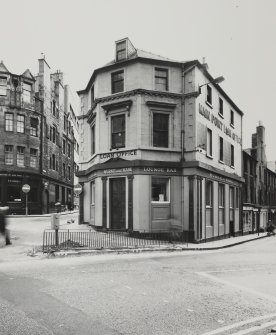 View of Burke and Hare Lounge Bar and Main Point Loan Office, 4 High Riggs on the corner of Bread Street, Edinburgh, from North East.