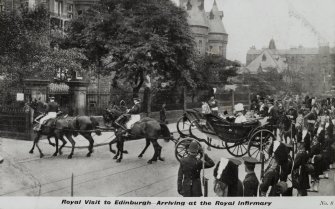 Royal Infirmary
View from north east (postcard).
Insc: 'Royal Visit to Edinburgh', 'Arriving at the Royal Infirmary', 'No. 8'.
NMRS Survey of Private Collections.