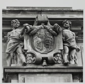 View of sculpture on exterior of Usher Hall.