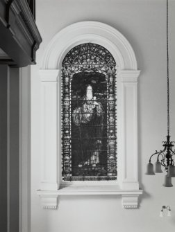 Interior, 1st. floor lobby, view of stained glass window at north end