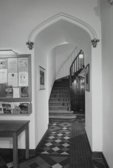 Interior. View of stairwell to balcony